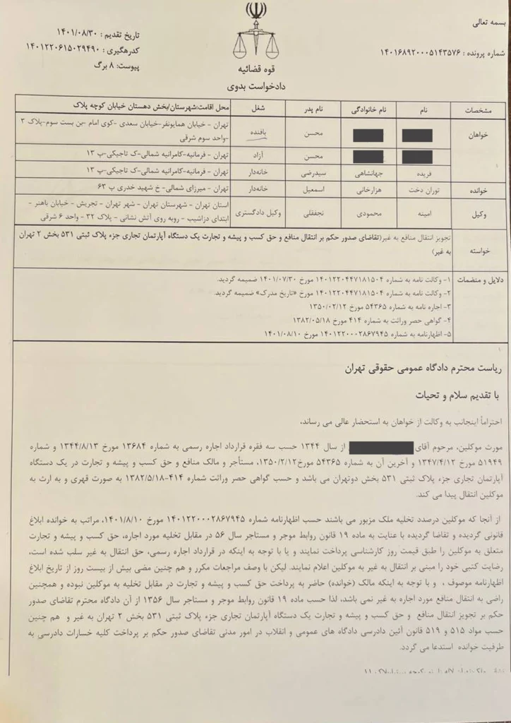 دادخواست تجویز انتقال منافع سرقفلی